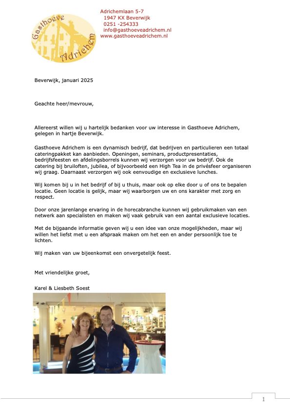Eerste pagina van de catering brochure